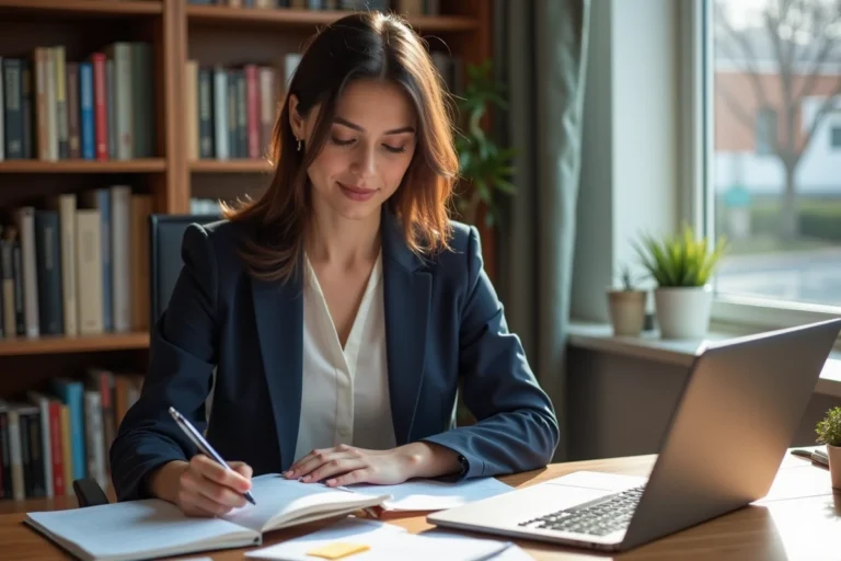 Femme en reconversion professionnelle planifiant sa nouvelle carrière dans un bureau à domicile avec des cahiers et un ordinateur portable