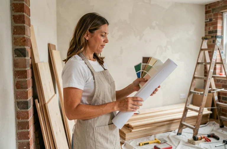 Femme consultant des plans et des échantillons de peinture dans une pièce en cours de rénovation