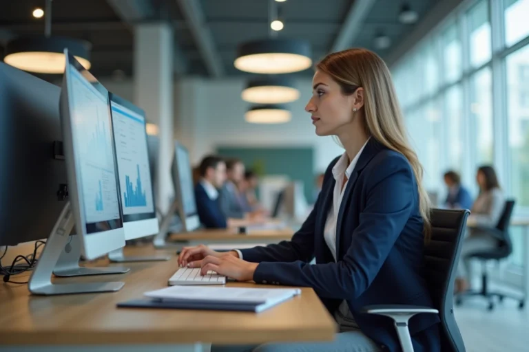 Femme professionnelle analysant des tableaux de bord de stratégie digitale sur un ordinateur dans un bureau moderne