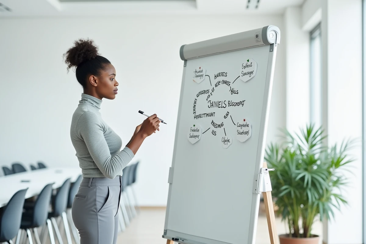 Femme debout devant un tableau blanc avec une cartographie de compétences lors d'un atelier de reconversion professionnelle