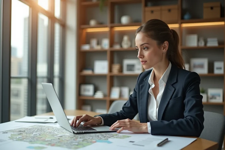 Femme professionnelle regardant des cartes d urbanisme