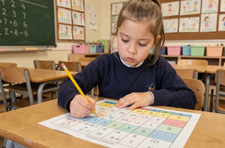 Fillette de CE2 concentrée sur un coloriage magique de mathématiques dans une salle de classe primaire