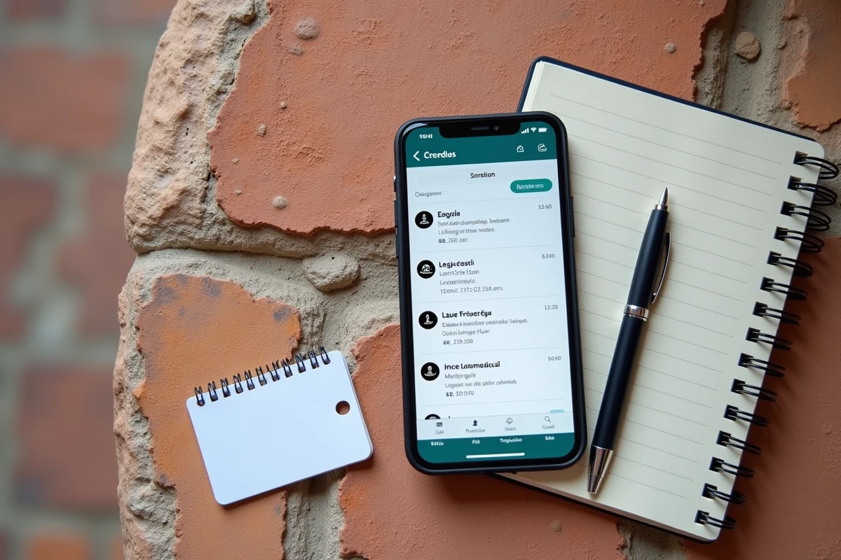 Vue en plat posé d'un smartphone affichant une messagerie académique avec matériel étudiant sur fond de pierre toulousaine