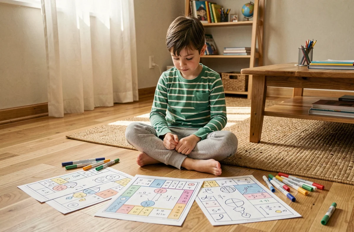 Garçon de CE2 réalisant des coloriages magiques mathématiques par terre dans un salon familial