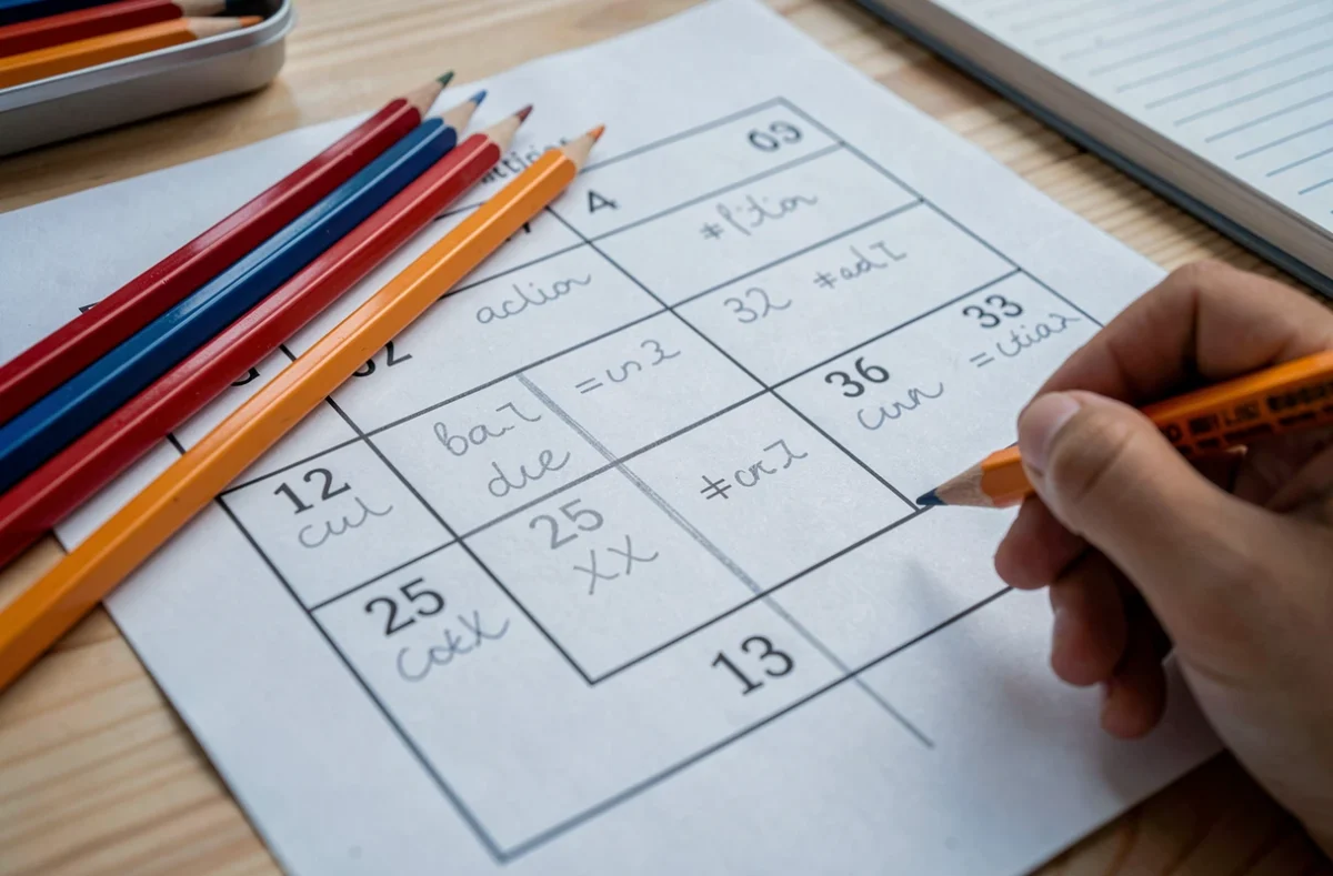 Gros plan sur un coloriage magique de maths CE2 partiellement complété avec des crayons de couleur sur un bureau en bois