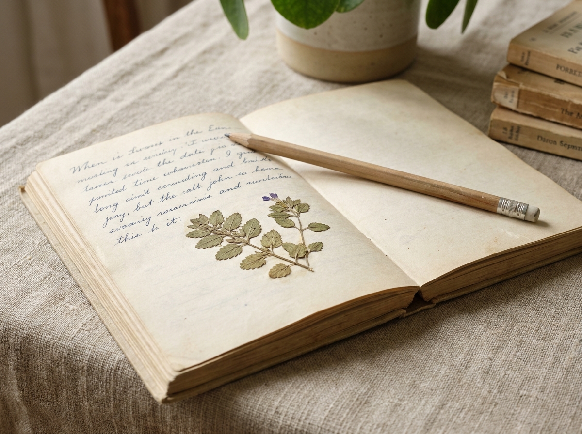 Gros plan d'un journal intime ouvert avec écriture manuscrite cursive, fleur séchée pressée entre les pages, surface en lin texturée, atmosphère intime et personnelle