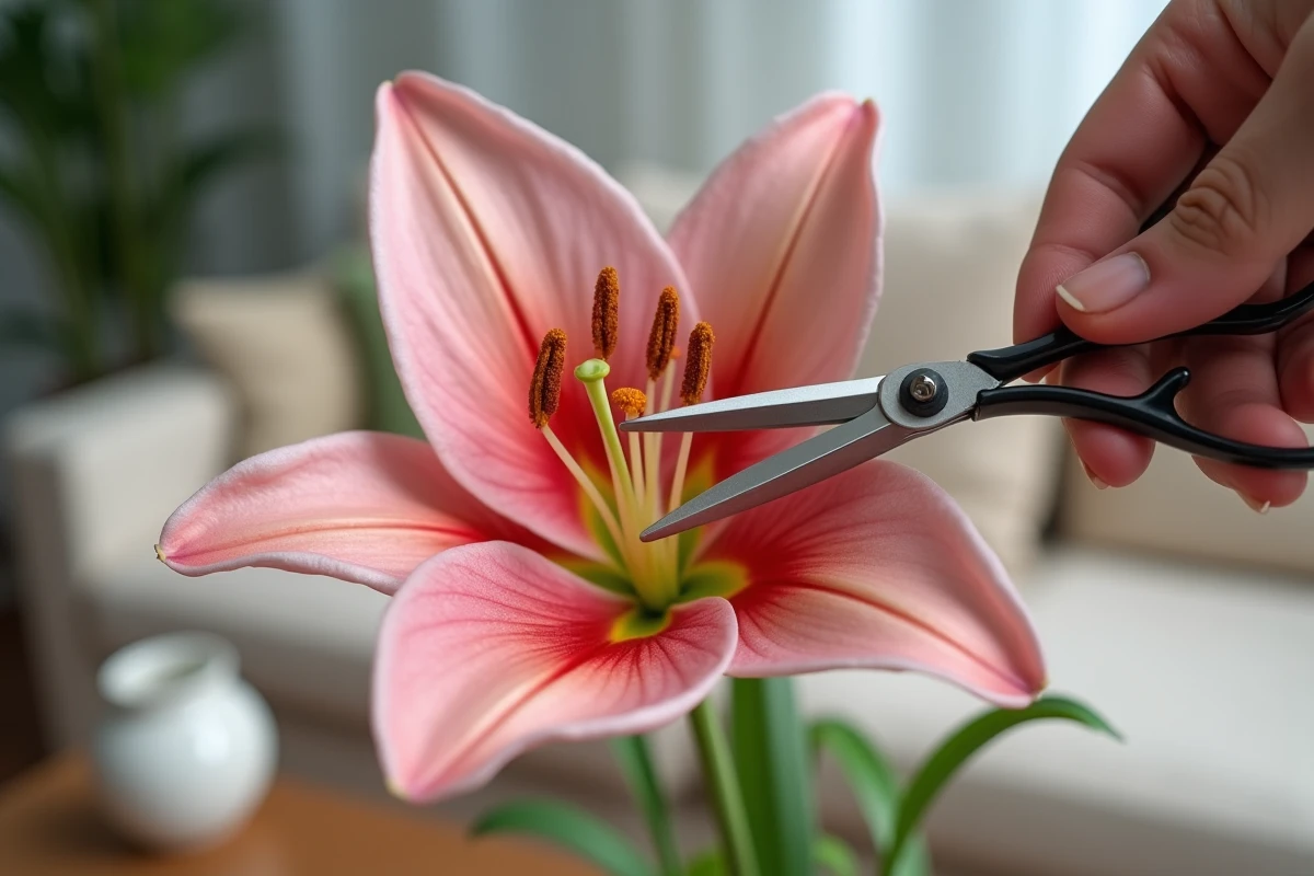 Gros plan sur le pistil et les étamines d'un lys rose avec des ciseaux de fleuriste prêts à couper