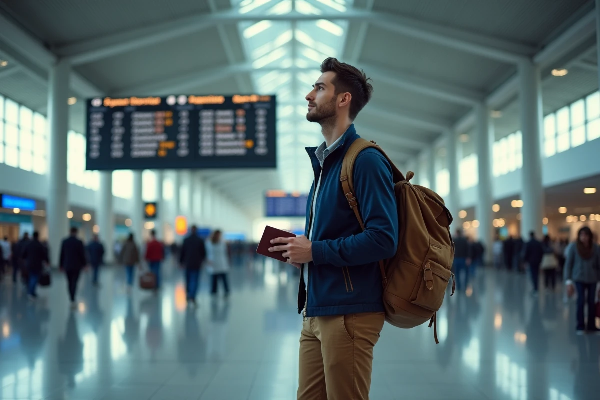 Un homme consulte le tableau des départs dans un grand aéroport international avant un voyage autour du monde