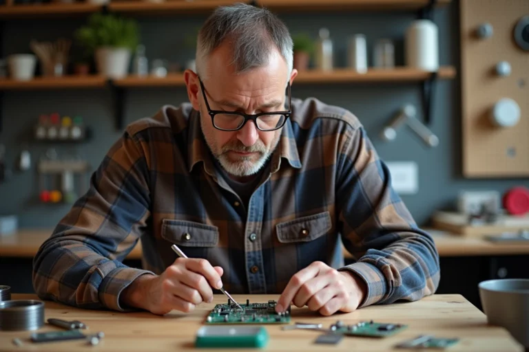 Homme d'âge moyen assemble un circuit électronique à la maison