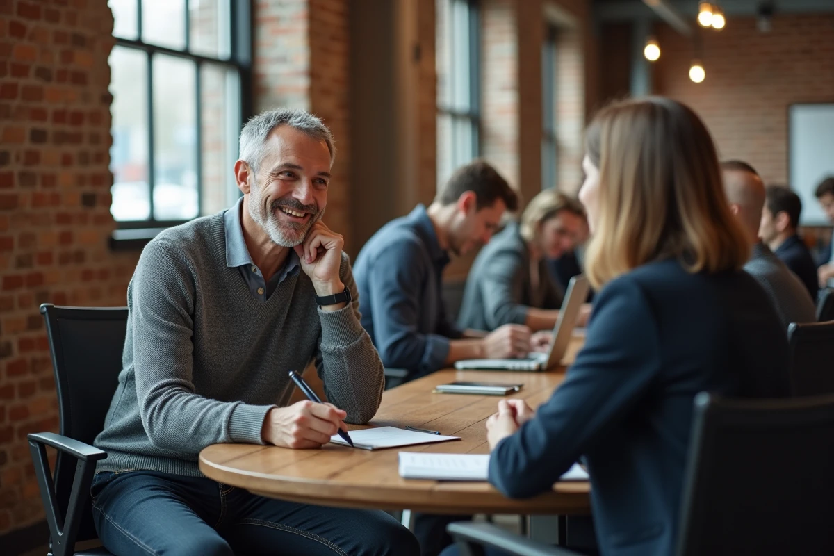 Homme de 44 ans en entretien de coaching carrière dans un espace de coworking pour préparer sa reconversion professionnelle