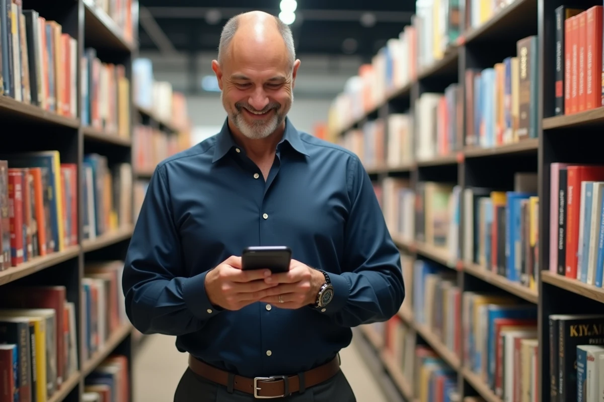 Homme souriant consultant des recommandations en librairie