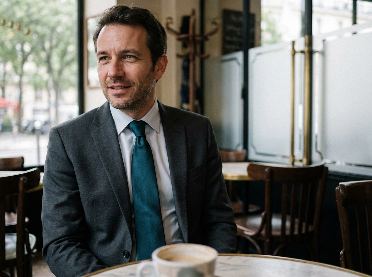 Homme en costume gris et cravate en soie sarcelle bien assortie dans un café parisien