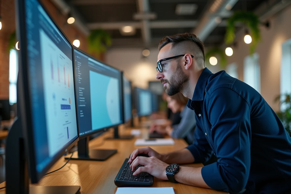 Homme avec lunettes travaillant sur un grand écran incurvé dans un bureau moderne en open space