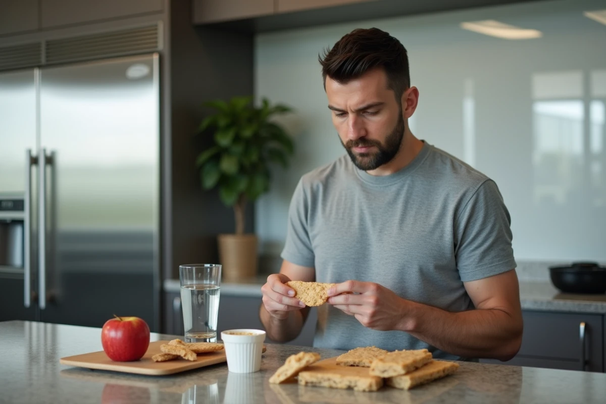 Homme lisant l'étiquette nutritionnelle d'une collation saine aux céréales complètes dans une cuisine de bureau moderne