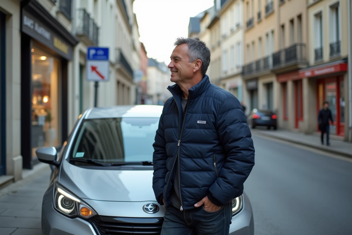 Homme garant sa voiture dans une rue de stationnement gratuit à Rennes près d'une boulangerie