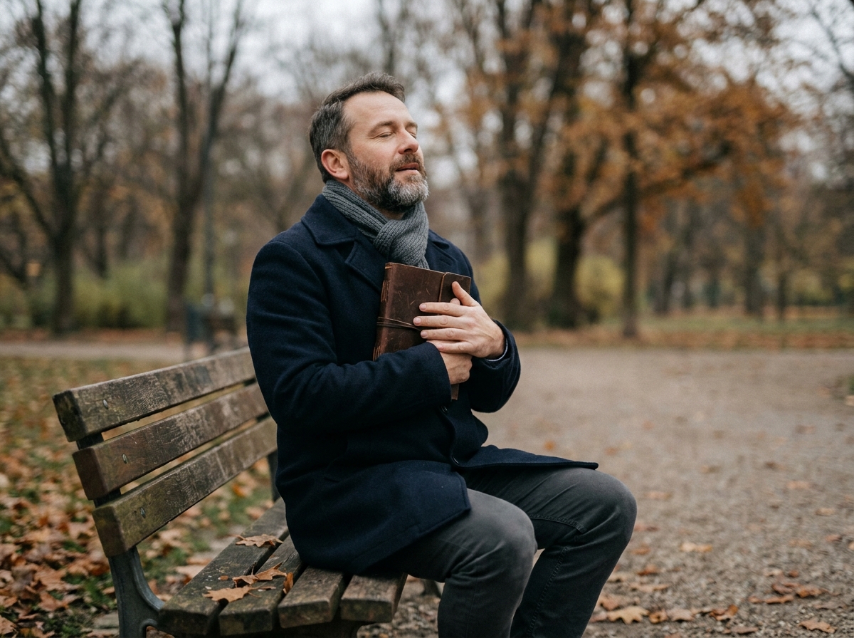 Homme tenant un journal intime contre sa poitrine dans un parc en automne, posture apaisée évoquant la réflexion personnelle et la clôture émotionnelle