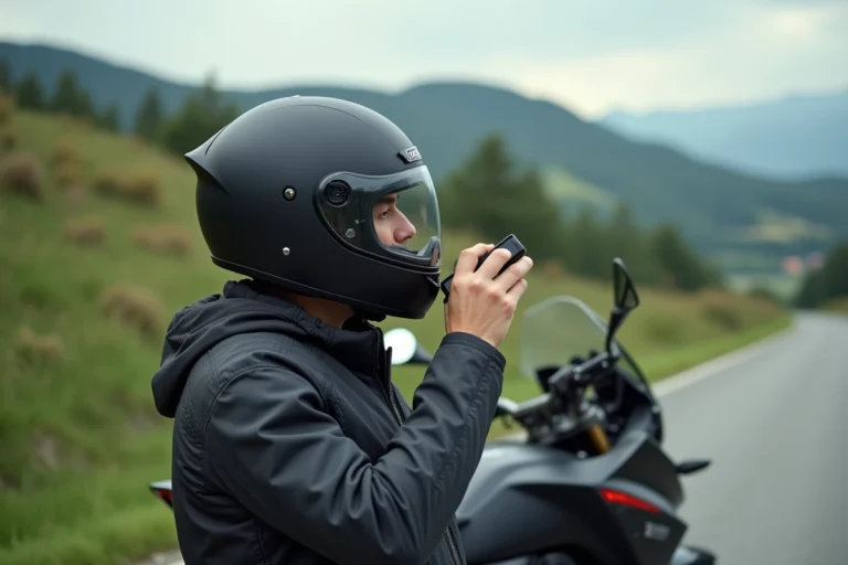 Jeune homme ajustant un intercom sur son casque de moto