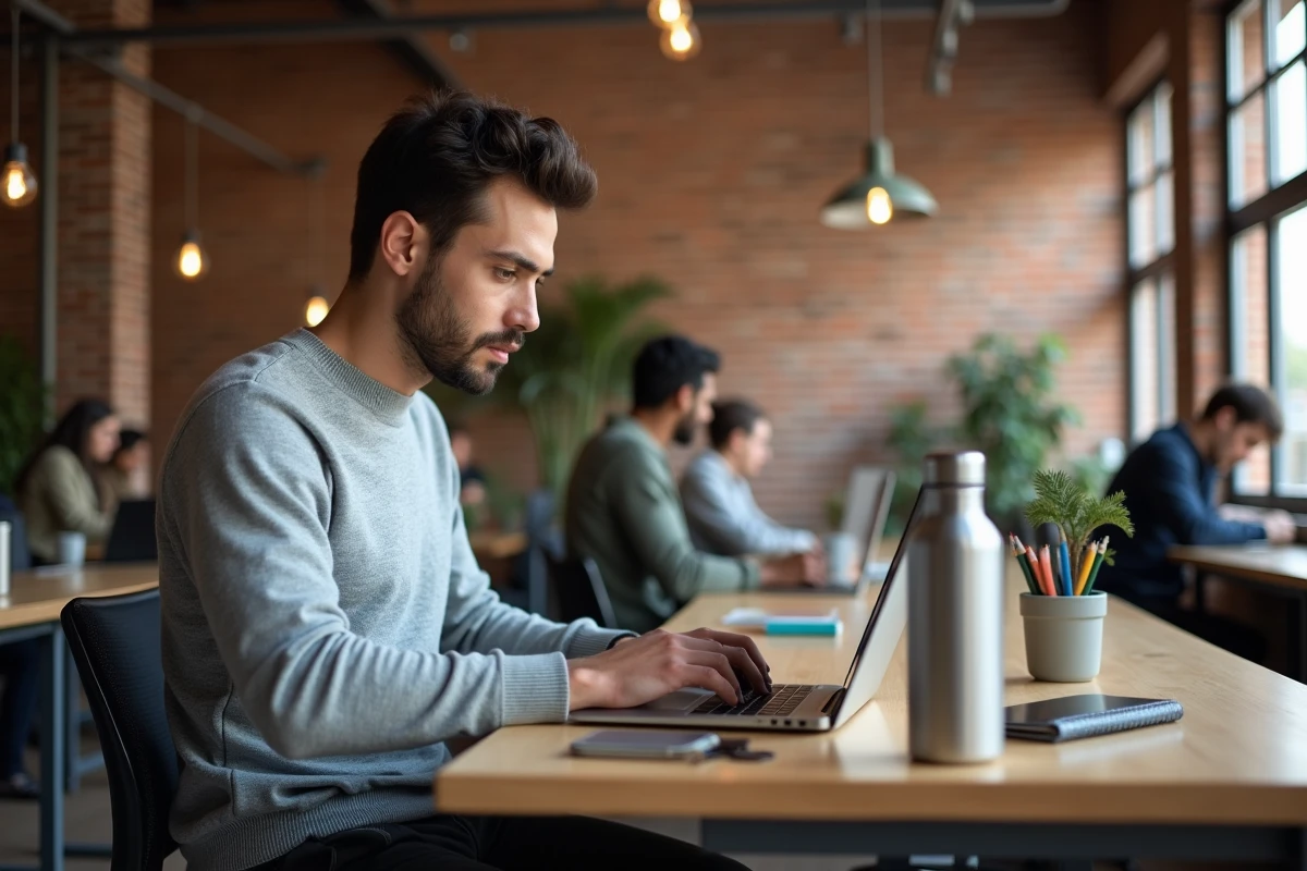 Homme cherchant un emploi sur internet dans un espace de coworking dynamique