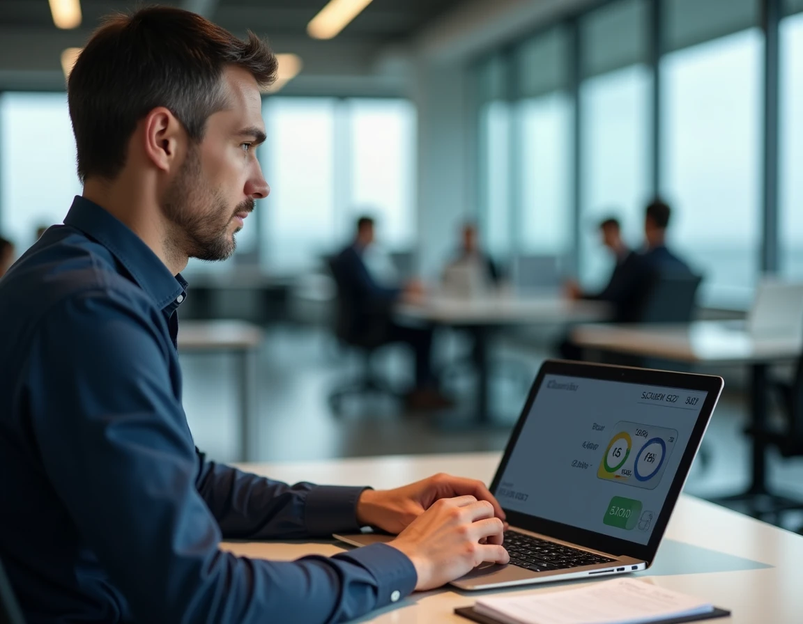 Homme utilisant un outil numérique de conversion de chiffres en heures dans un bureau moderne