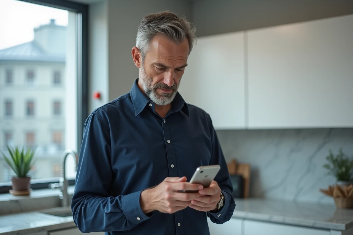 Homme consultant l'application MyFoncia sur smartphone pour résoudre un problème d'accès à ses documents