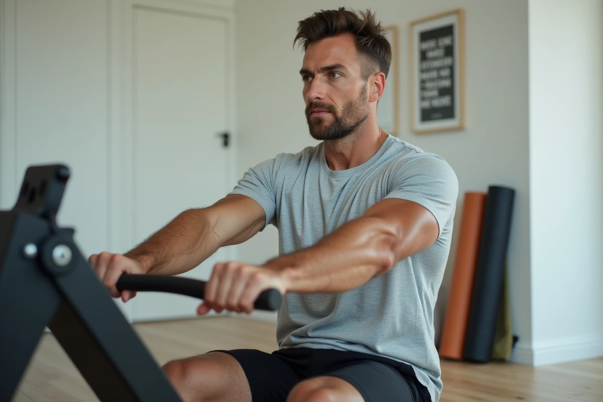 Homme utilisant un rameur Striale dans une salle de sport à domicile moderne