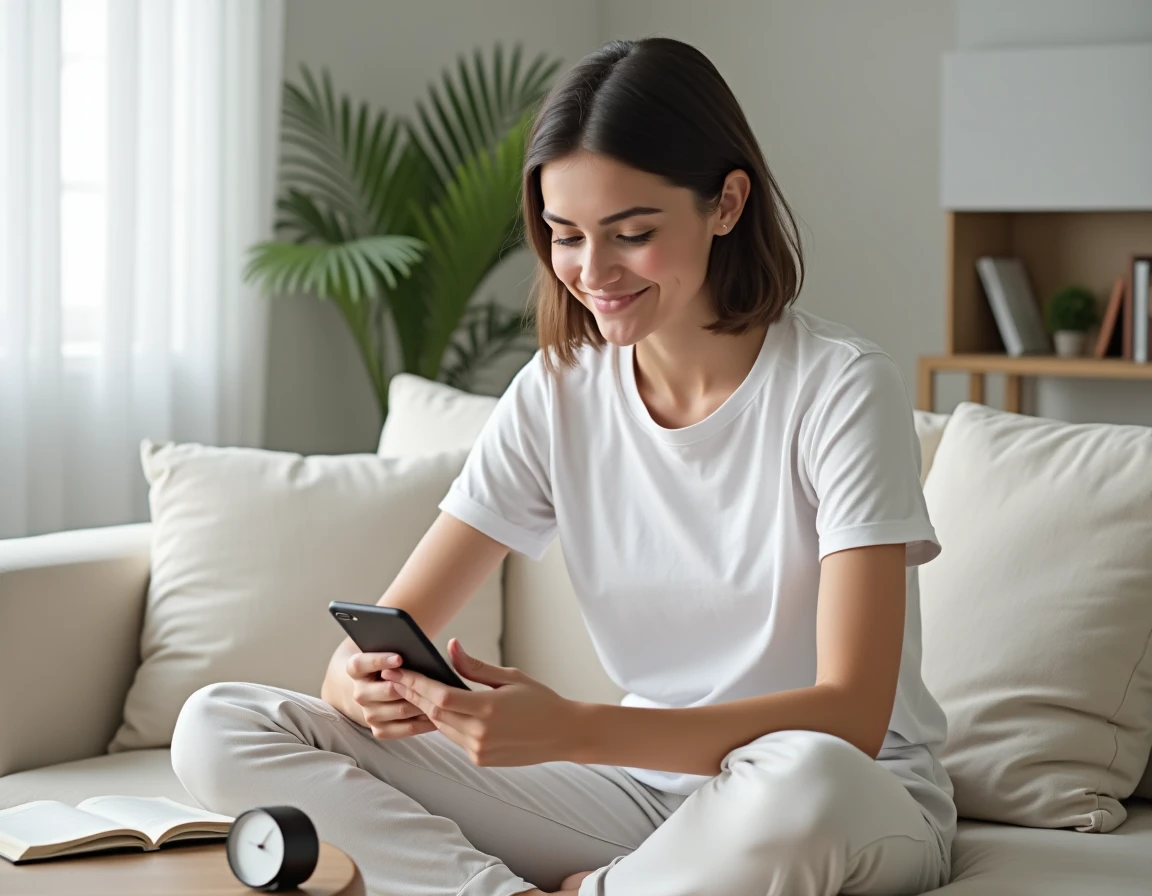 Jeune adulte utilisant une application de conversion de chiffres en heures sur smartphone dans un salon minimaliste
