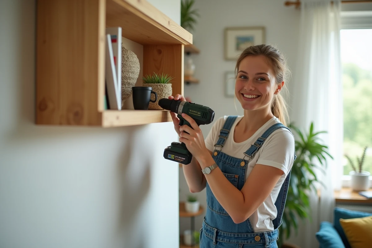 Jeune femme utilise une perceuse pour fixer une étagère
