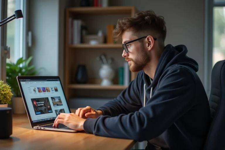 Jeune homme en hoodie travaillant sur son ordinateur dans un bureau moderne
