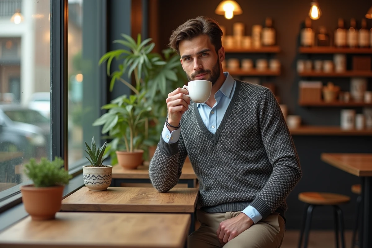 Jeune homme au café avec pull et chemise en intérieur