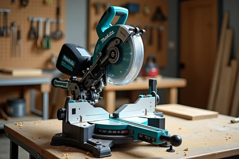 Scie à onglets radiale Makita LS1018L posée sur un établi d'atelier de menuiserie avec sciure de bois