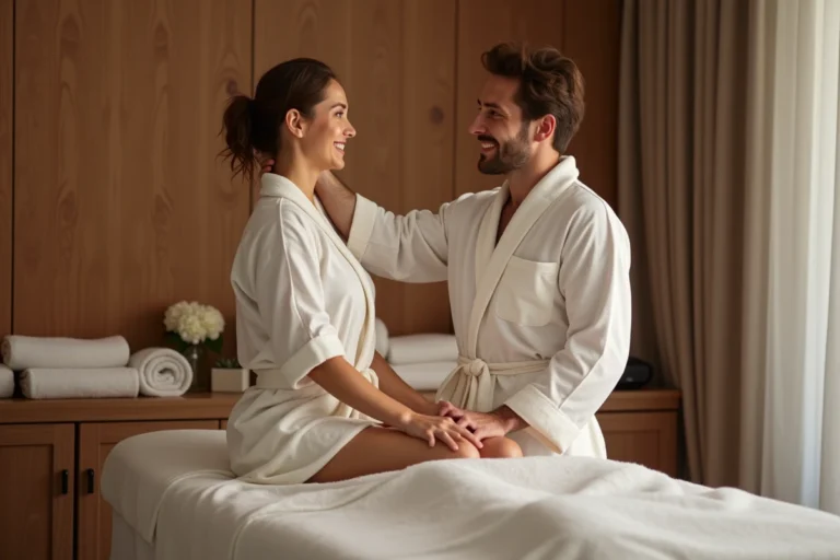 Jeune femme et masseur lors d'un massage relaxant dans un spa parisien