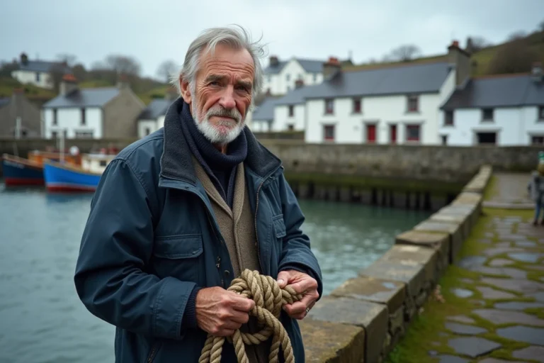Pêcheur breton en marinière rayée sur un quai en granit d'un port traditionnel de Finistère