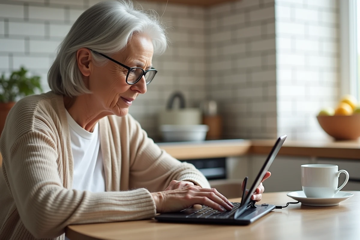 Personne d'âge mûr apprenant à utiliser une tablette avec clavier dans une cuisine moderne