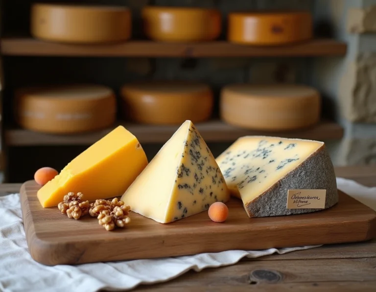 Plateau de fromages rustique présentant trois fromages de montagne français — Comté, Beaufort et Cantal — sur une planche en bois dans une fromagerie en pierre