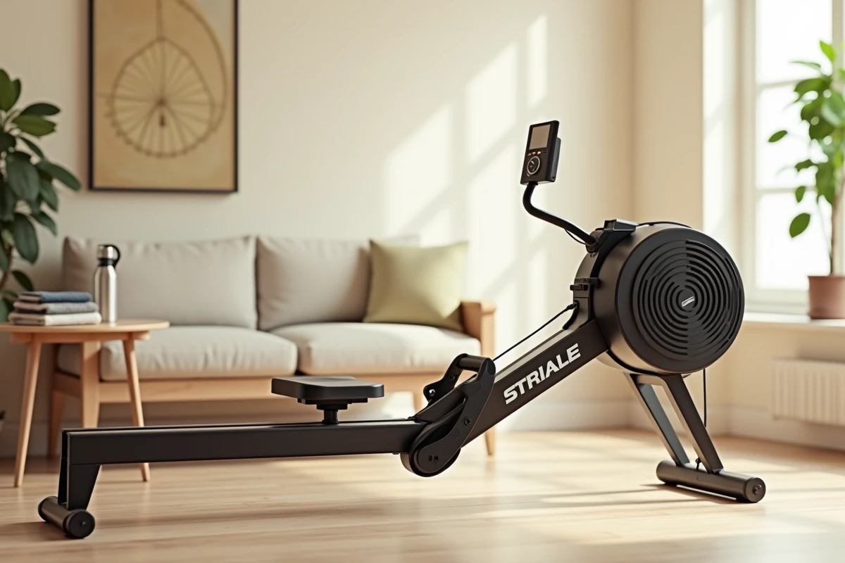 Rameur Striale positionné dans un espace fitness aménagé dans un appartement moderne