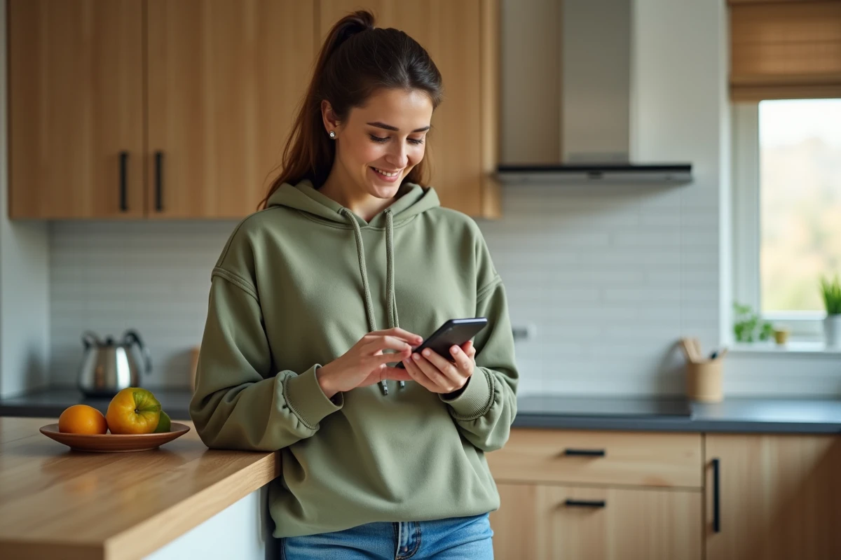 Personne consultant des offres d'emploi sur smartphone dans une cuisine moderne