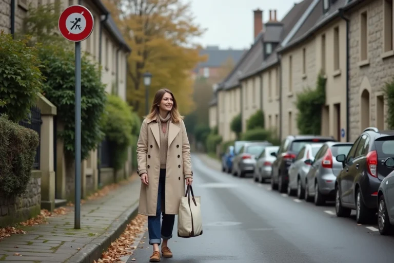 Femme marchant dans une rue de Rennes avec des voitures garées gratuitement le long des bâtiments en pierre bretonne