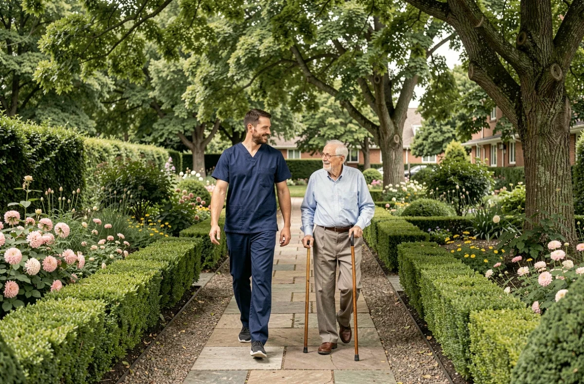 Un soignant accompagnant un résident âgé lors d'une promenade dans le jardin aménagé d'une maison de retraite