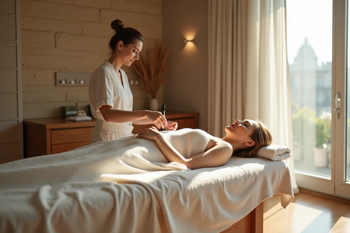Therapeute préparant des huiles dans un spa lumineux et calme