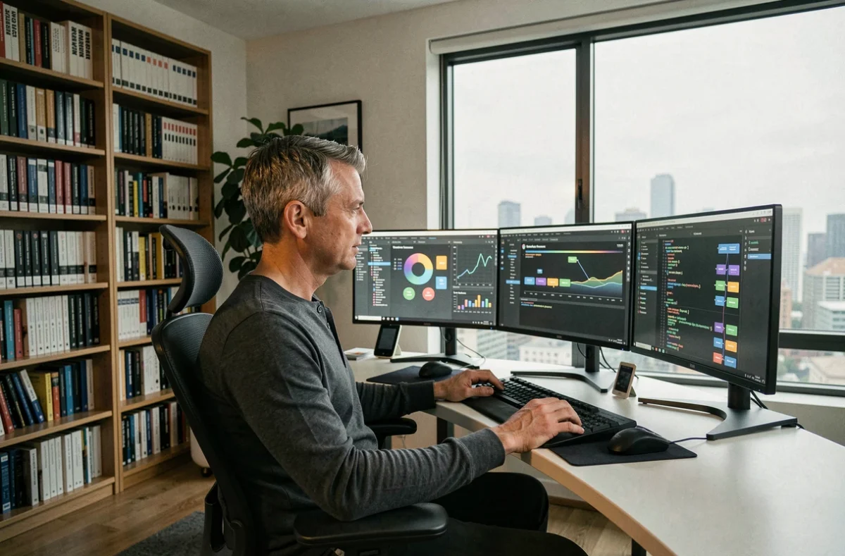 Homme travaillant sur plusieurs écrans avec des interfaces d'intelligence artificielle dans un bureau à domicile