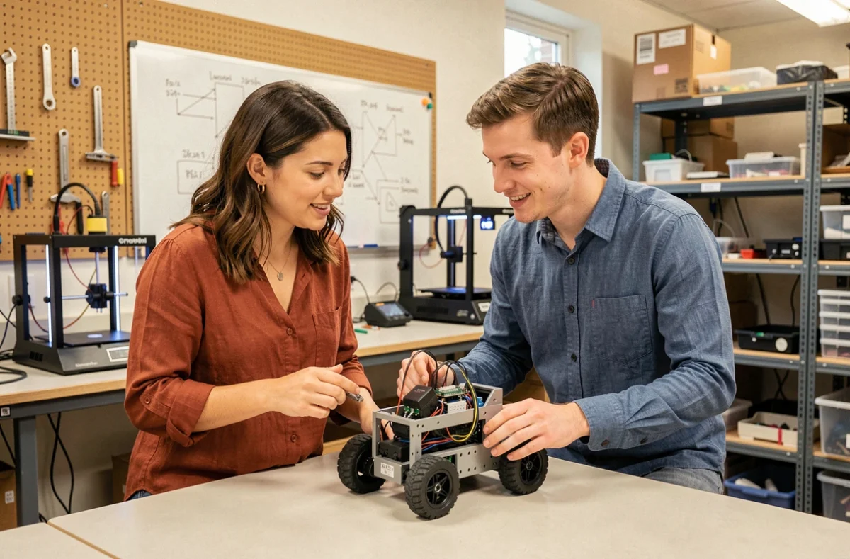 Deux jeunes professionnels collaborant autour d'un prototype robotique dans un laboratoire d'innovation technologique