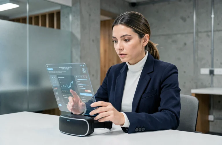 Femme professionnelle testant un casque de réalité augmentée dans un studio technologique moderne