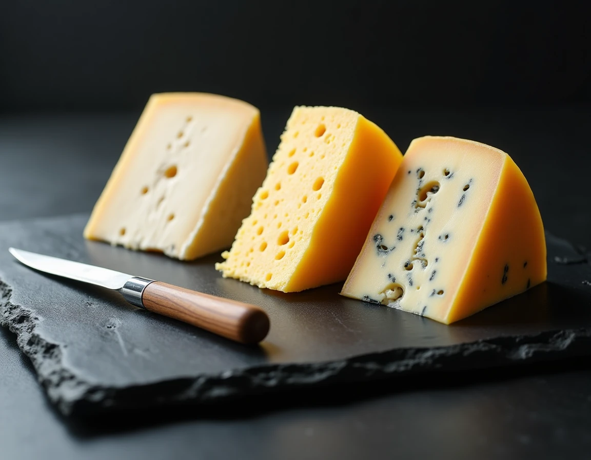 Gros plan de trois tranches de fromages français — Beaufort, Comté et Cantal — sur une ardoise noire montrant leurs textures intérieures distinctes