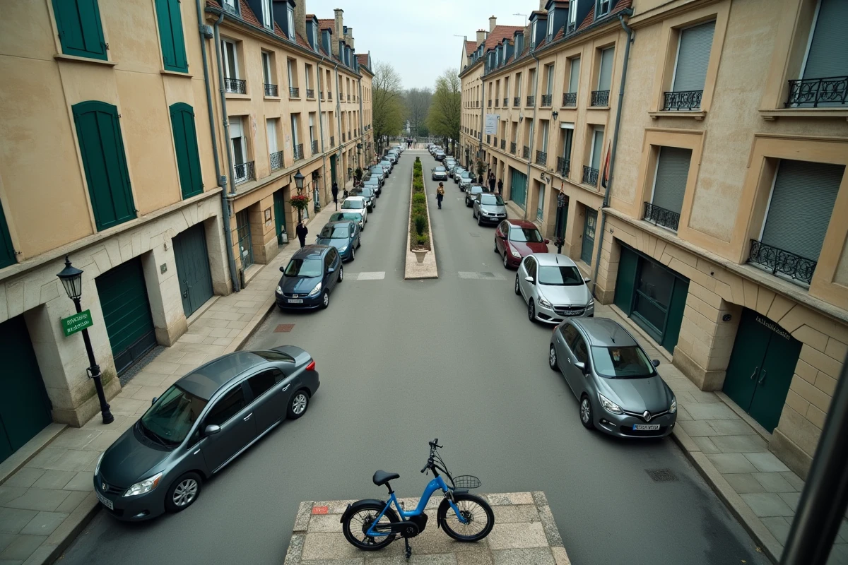 Vue en hauteur d'une rue de Rennes avec des voitures garées gratuitement et des immeubles en pierre typiques